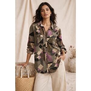 Anthropologie Pleione Patchwork Boho Button Up Top Sheer Shirt Long Sleeve Small